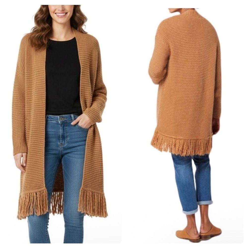 J. Jill Saffron Knit Open Cardigan With Fringe